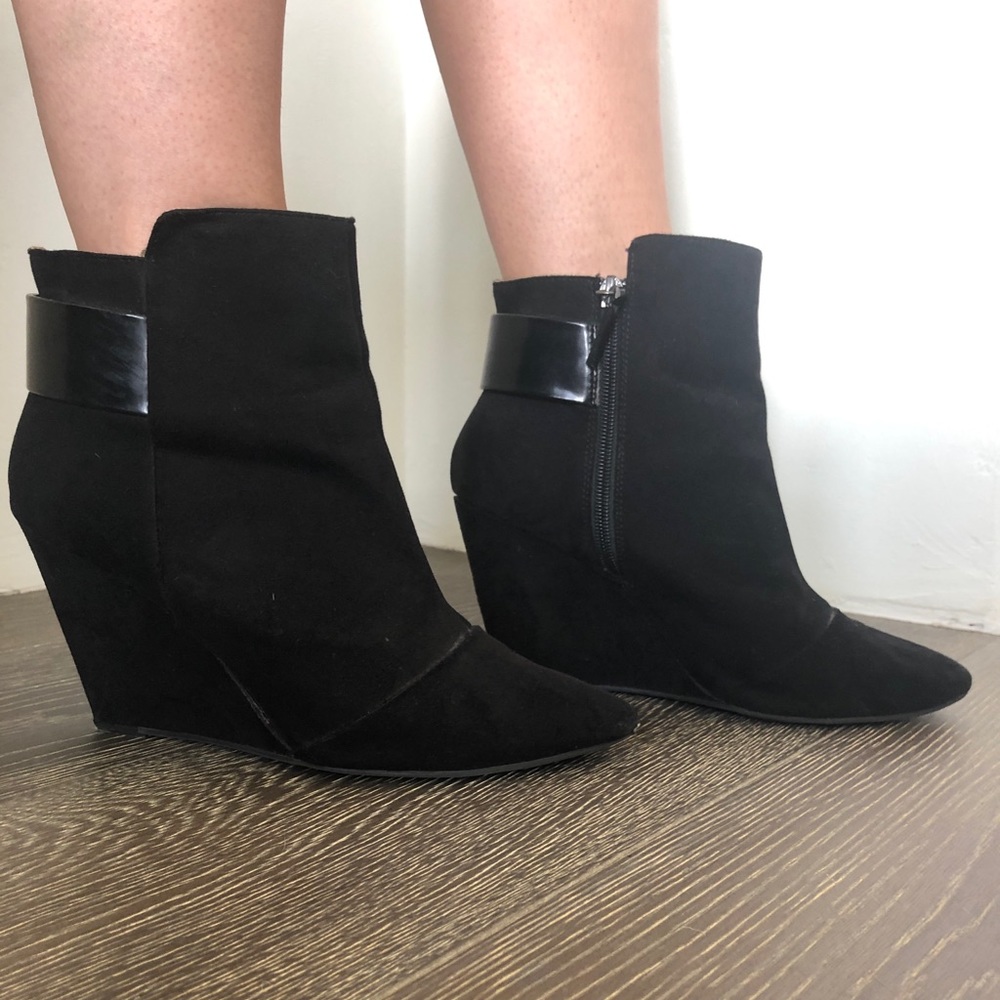 Zara black suede wedge booties w/ leather buckle